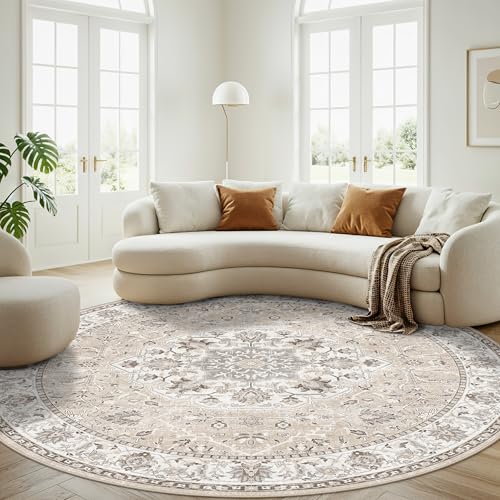 Washable 8ft Round Area Rug (8' (Round) / Beige)
