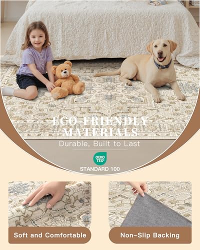 4x12 Wide Hallway Runner Rug Washable for Living Room (Beige/Blue / 4' x 12' (Runner))
