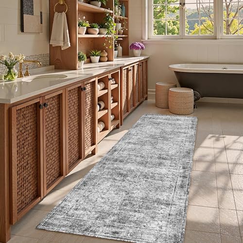 Washable Area Rug 2'6'' x 8' Vintage Traditional Persian Mat (Graphite and Mist / 2'6" x 8' (Rectangular))