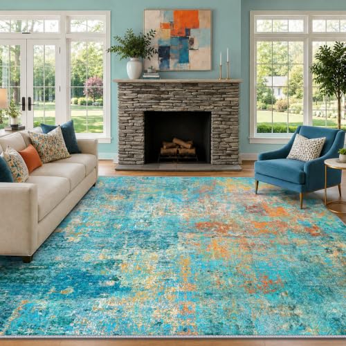 Washable 5'x8' Abstract Area Rug for Living Room Teal Multi (Teal Blue/Green/Orange / 5' x 8' (Rectangular))
