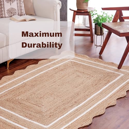 Wave Scalloped Jute Rug Entryway Natural Boho Area Rug Off (6'x6' / White)
