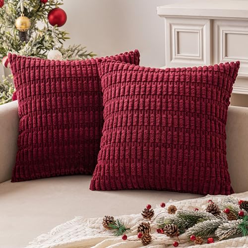 Christmas Corduroy Decorative Throw Pillow Covers 18x18 Burgundy (Burgundy / 18" x 18" (Pack of 2))