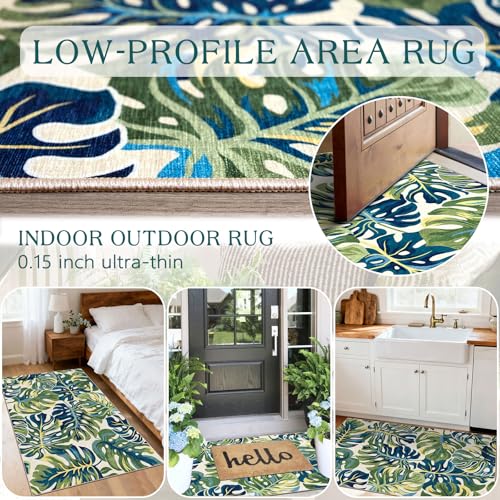 Boho Outdoor Rug (Monstera Leaf - Green Navy / 2'4" x 3'7" (Rectangular))