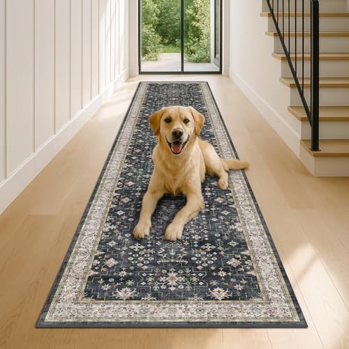 Black Boho Washable 3x12 Extra Long Runner Rug for Hallway (3' x 12' (Runner) / Ashen / Multi)