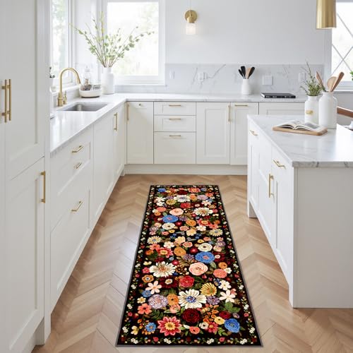 Black Brown Floral Hallway Runner Rug 3x7 for Bedroom Kitchen (Espresso / 3' x 7' (Rectangular))