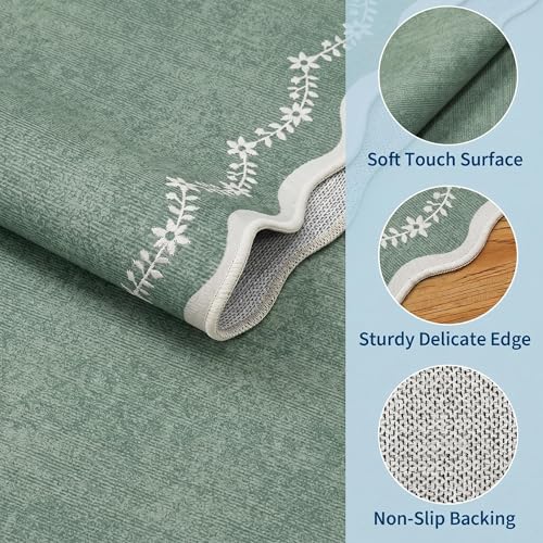 Round Rugs 4ft Scalloped Washable Small Circle Rug for Kids Room (Sage Green / 4' (Round))