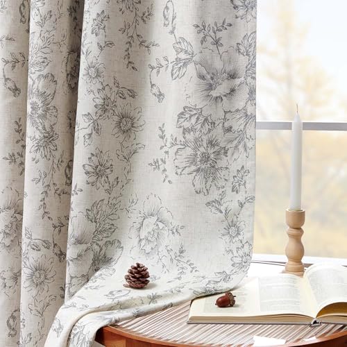 Floral Linen Blackout Curtains for Bedroom 96 Inches Long (Grey / 50"W x 96"L (Pack of 2))