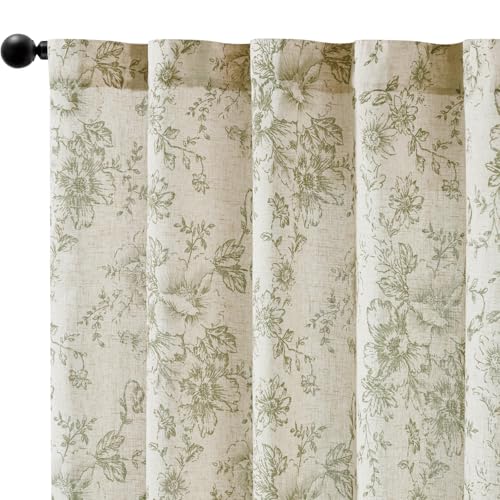 Vintage Floral Linen Curtains 90 Long for Living Room 2 Panels (Green / 50"W x 90"L (Pack of 2))