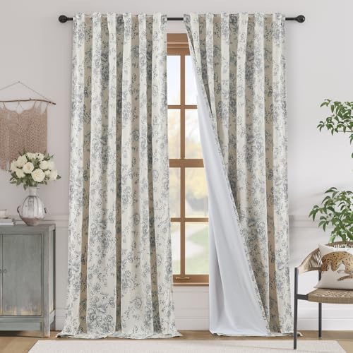 Floral Lined Linen Curtains 96 Long for Living Room 2 Panels (Lined Grey / 50"W x 96"L (Pack of 2))