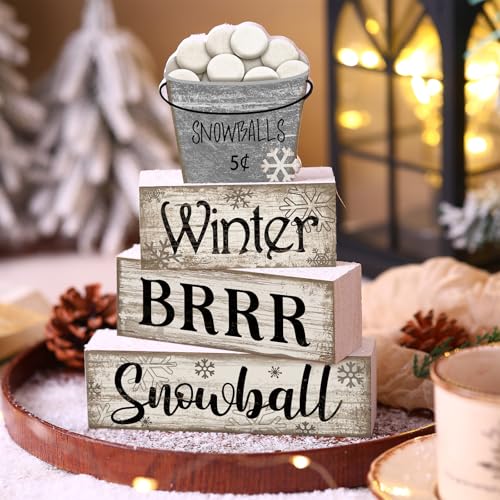 4 Pcs Winter Wooden Block Signs Farmhouse Table Decoration (Snow Bucket)