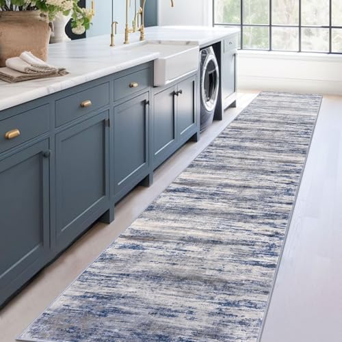 Modern Abstract Washable Rug Runner 2.6x14 Hallway Rug Runner Non (Blue-grey / 2'8" x 14' (Runner))
