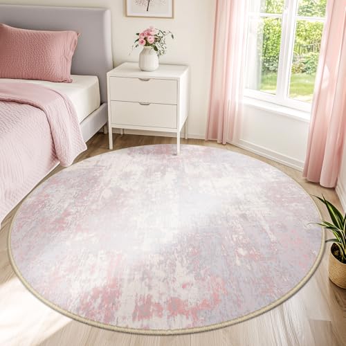Washable Round 6ft Area Rug for Living Room Gray Pink (Gray/Pink / 6' (Round))