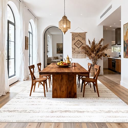 8x10 Washable Area Rugs for Living Room (8' x 10' (Rectangular) / Moroccan-light Brown-white)