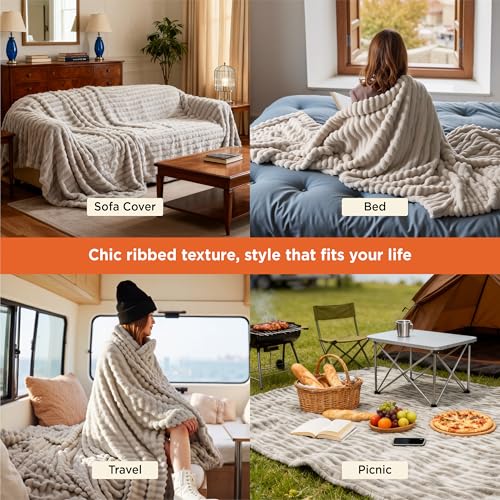Soft King Size Blankets for Bed Beige 108"x90" (Beige / King)