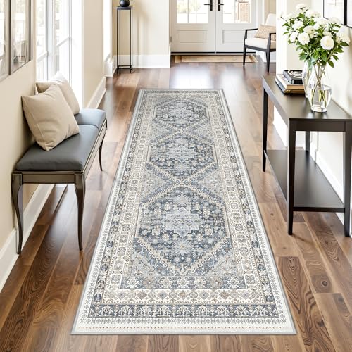 Kitchen Runner Rug Non Slip Washable Rugs 2.5x8 (Blue/Beige / 2'6" x 8' (Runner))