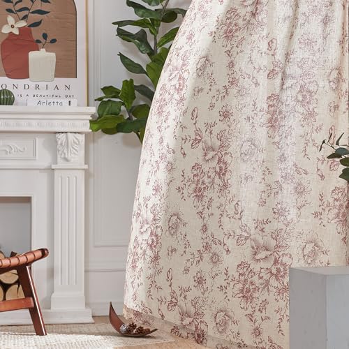 Vintage Floral Linen Curtains 84 Long for Living Room 2 Panels (Brick Red / 50"W x 84"L (Pack of 2))