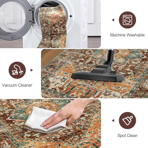 Washable Runner Rug (3' x 12' / Rust/Dull Teal)