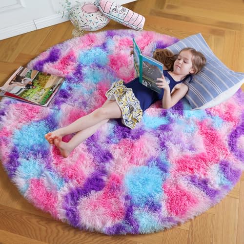 Pink Blue Purple Fluffy Large Round Rug 6Ft for Girls Kids Bedroom (Pink Blue Purple / 6' (Round))