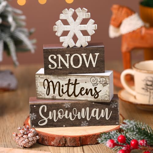4 Pcs Wooden Snowman Block Signs Farmhouse Table Decoration (Snowflake Snowman)