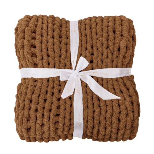Chunky Knit Throw Blanket for Couch (Caramel / 40"x40" (Small Size Throw）)