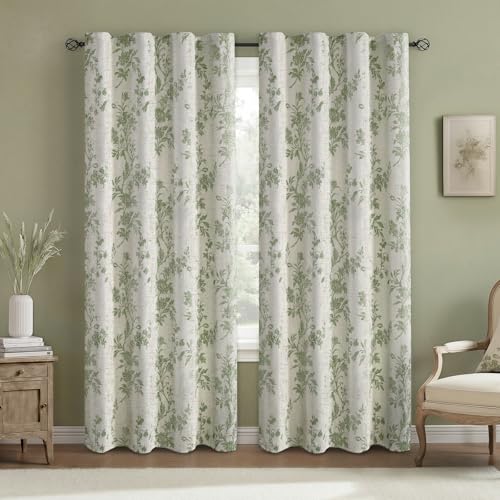 Sage Green Boho Floral 100% Blackout Curtains 90 Inch 2 Panels (Sage Green / 52"W x 90"L (Pack of 2))