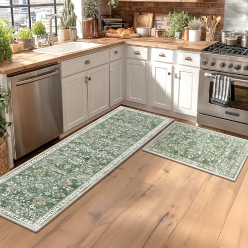 2x6 Washable Hallway Runner Rug Non Slip Floral Carpet (Green / 2' x 6')