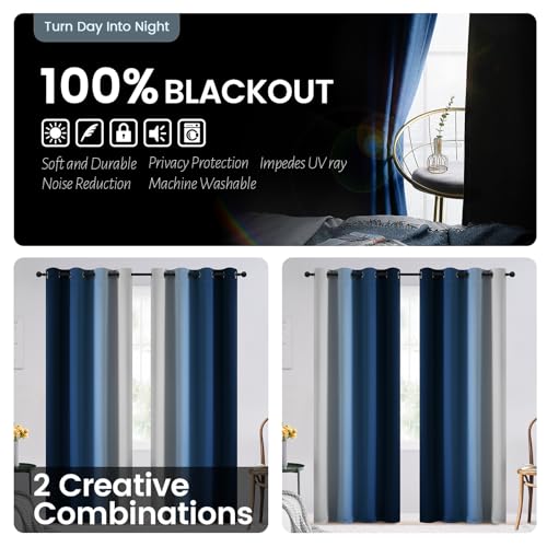 100% Blackout Ombre Bedroom Curtains Blue and Greyish White (52"W x 72"L (Pack of 2) / Blue With Black Back)