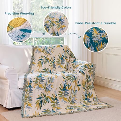 Boho Throw Blanket 60"x80" 100% Cotton Leaves Muslin Blanket for Bed (Leaves / 60"x80")