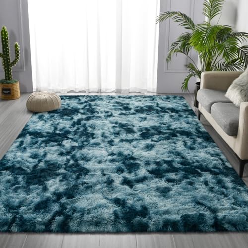 Large Shag Area Rugs 6 x 9 (Tie-dyed Peacock Blue / 6' x 9' (Rectangular))