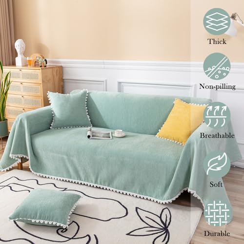 Cute Sofa Covers Light Green Couch Covers for 3 Cushion Couch Sofa with White Daisy Lace Green Sofa Slipcovers Chenille Couch Cover for Dogs Sectional Sofa L Shape Futon Cover (71" x 118" / Daisy:green)