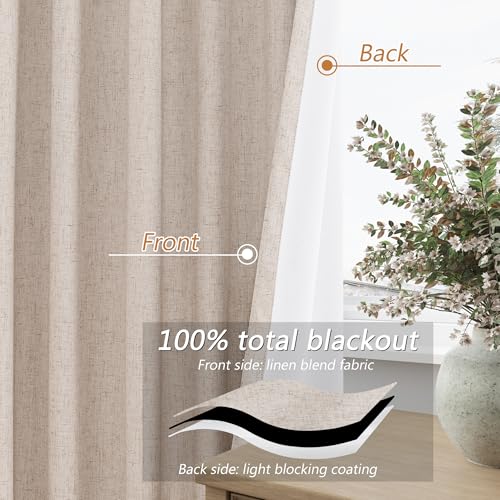Extra Long 100% Blackout Linen Curtains 102 Inch for Bedroom Oatmeal (Oatmeal / 52"W x 102"L (Pack of 2))