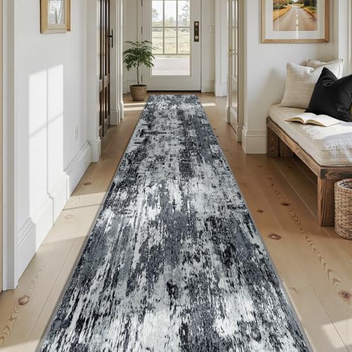 Washable Runner 2'6"x14' Abstract Area Rug for Hallway Black White (Black/Navy Blue/Gray / 2'6" x 14' (Runner))