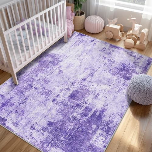 Washable 8'x10' Abstract Area Rug for Living Room Purple (Purple/Gray/Pink/White / 8' x 10' (Rectangular))