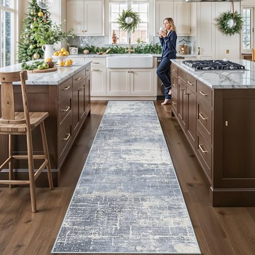 Washable 12ft Hallway Runner Rug (2'6" x 12' (Rectangular) / Blue/Ivory)