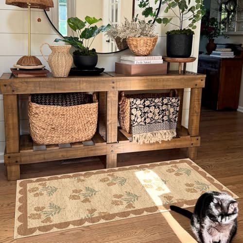 Front Door Mat Indoor Entrance (Flower - Wheat/Tan/Sage / 2' x 4'3" (Rectangular))