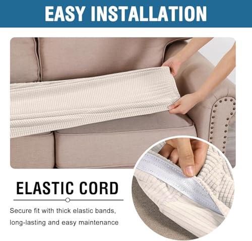 Super Stretch Individual Seat Cushion Cover Sofa Covers Couch Cushion Covers Slipcover Sets Thick Jacquard Textured Twill Fabric (Ivory / 3 Cushion Sofa)