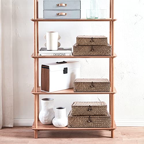 Set of 3 Flat Wicker Basket Bins with Lid (Small+Large+X-Large / Coffee)