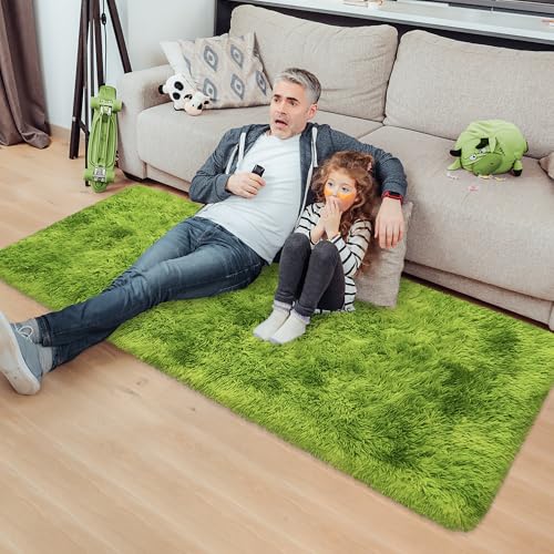 Tie Dyed Runner Rug for Bedroom Green 2x5ft Fluffy Area Rug Bedside Runner Rug for Kids Room Boys Teens Nursery Baby Living Room Dorm Home Decor Carpets (Tie-dyed Green / 2' x 5' (Runner))