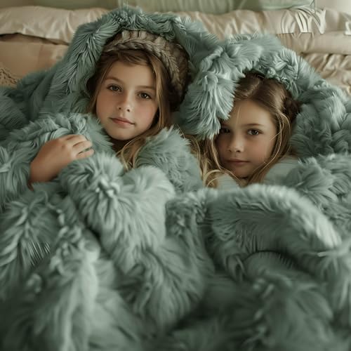 Faux Fur Fluffy Sherpa Fleece King Bed Blanket Sage Green 108"x90" (12- Sage Green / King (108" X 90"))