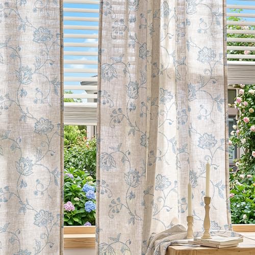 Blue Floral Linen Curtains 63 Inch Vintage Back Tab 2 Panels (Floral Blue / 50"W x 63"L (Pack of 2))
