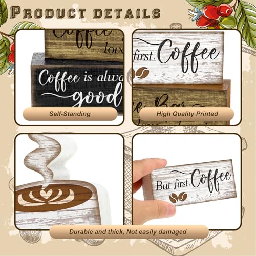 4 Pcs Coffee Bar Sign Wooden Blocks with Cup Topper Coffee Decor (Coffee Bar)