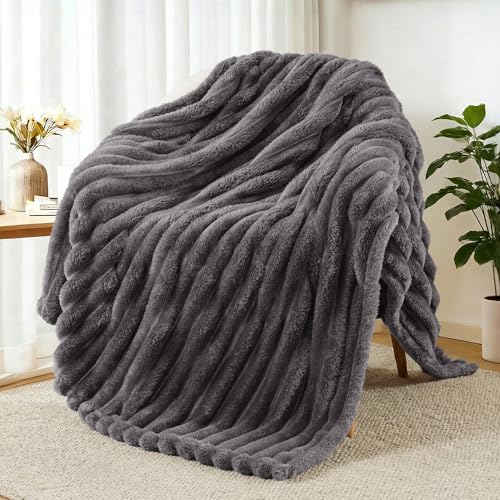 Striped Fleece Throw Blanket for Couch (Dark Grey / Throw ( 50x60 IN ))