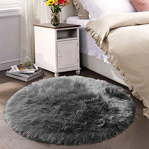 Round Area Rugs Dark Gray 6.7ft Faux Sheepskin Fur Circle Rug for Living Room Bedroom Fluffy Shaggy Furry Rug Room Decor (6'7" (Round) / Dark Grey)