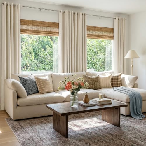 100% Blackout Linen Curtains 63 Inch Long 2 Panels Set (Alba | Butter Cream / 50"W x 63"L (Pack of 2))