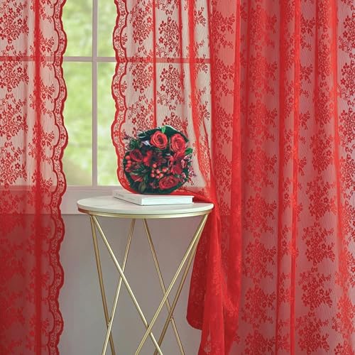 Vintage Lace Curtains 72 Inch Length 2 Panels for Bedroom (Red / 52"W x 72"L (Pack of 2))