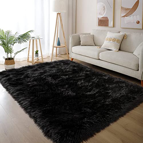 Black Rugs for Bedroom 3x5 Throw Rug Shag Washable Faux Fur Sheepskin Rug for Living Room Floor Plush Soft Rugs Cute Room Decor Rectangle (3' x 5' (Rectangular) / Black)