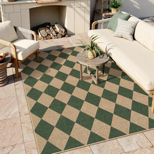 Checkered Easy Jute 5x7 Outdoor Rug (5' x 7' (Rectangular) / Deep Green/Nature-2)