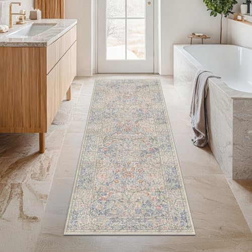 Non Slip Beige Blue Hallway Runner Rug (Beige Blue / 2' x 7' (Runner))