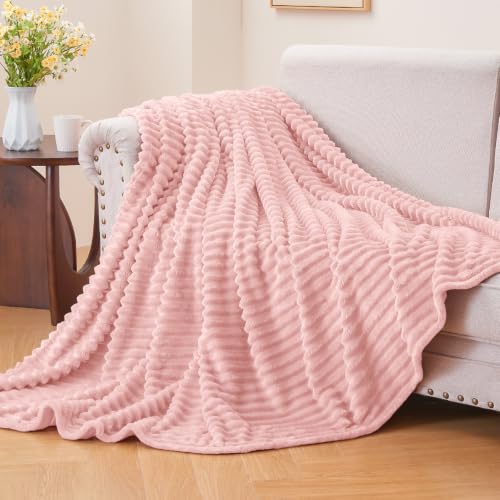 3D Ribbed Light Pink Fleece Twin Blanket for Couch (Pink Morn / Twin(60"x80"))