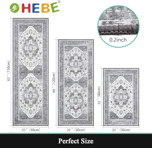 HEBE Boho Kitchen Rugs Set of 3 (Grey / 20"x32"+20"x48"+20"x59")